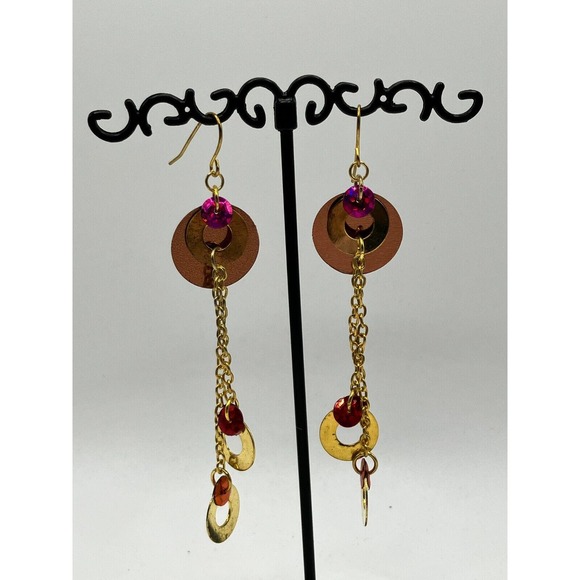 Shiny Pink Gold-Tone Long Dangle Earrings Vintage! - Picture 7 of 9